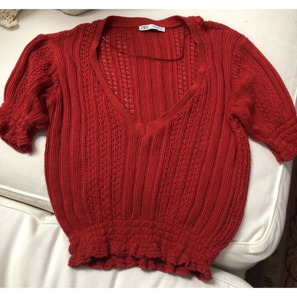Zara Smooth Knit Cropped Short Sleeve Red Sweater Size Small Preppy Academia